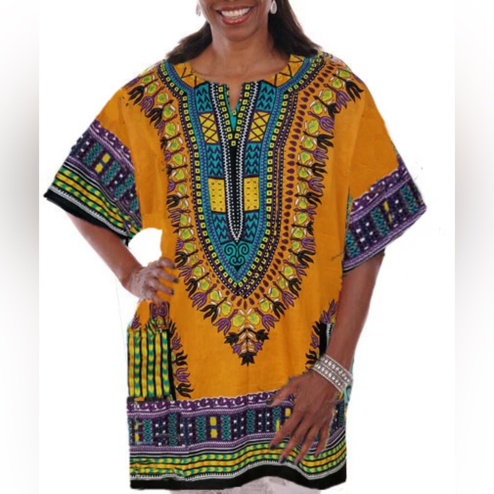 Mens Dashiki Shirt African Top Hippie Vintage Red Tribal Women Tunic One Size